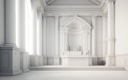 3D rendering of a white hall with a white fireplace and columnsの素材