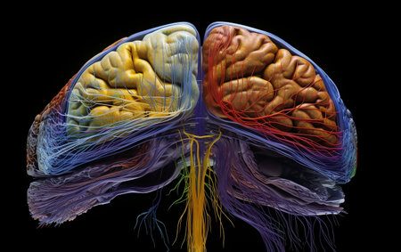 Human brain, 3D illustration, horizontal, over black background.の素材