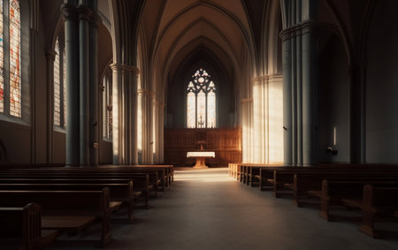 Interior of a church with a wooden benches. 3d renderingの素材