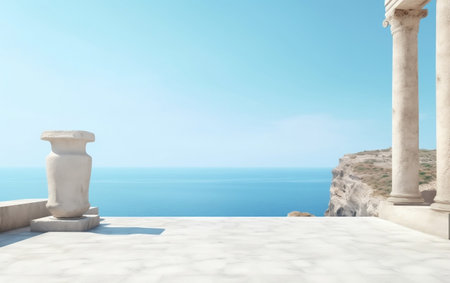 View of the sea from the terrace of an ancient building. 3d renderingの素材