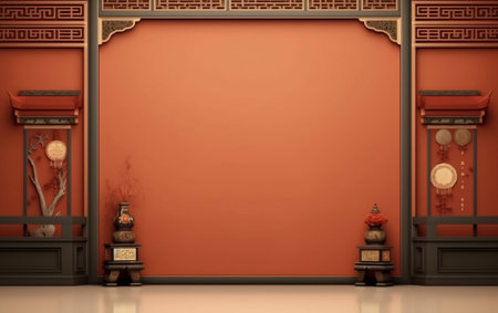 3d rendering of ancient Chinese style interior with red wall background.の素材
