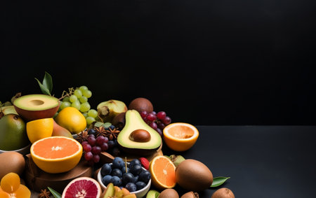 Healthy food concept. Assorted fresh fruits on black background.の素材