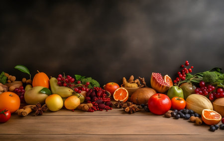 Healthy food background with fruits and vegetables on a wooden table.の素材