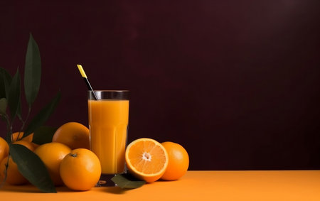 Glass of fresh orange juice and oranges on orange table with copy spaceの素材