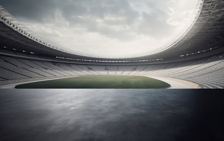 3D render of an empty soccer stadium with a grass field under a cloudy skyの素材
