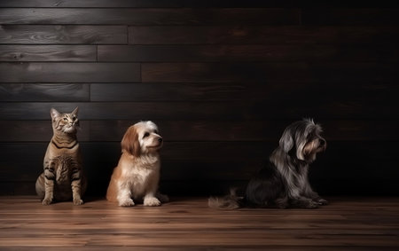 Three dogs and a cat sitting on a wooden floor against a dark backgroundの素材