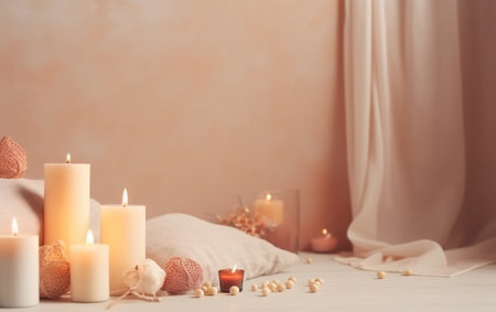 Beautiful spa composition with burning candles on wooden table. Space for textの素材
