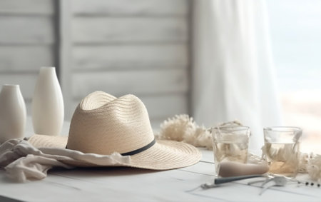 Straw hat, candles and cosmetic products on table in spa salonの素材