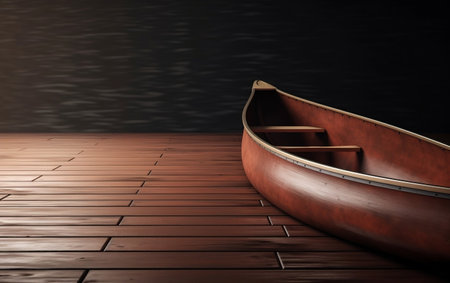 3D render of a wooden boat on a wooden floor with a dark backgroundの素材