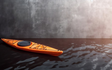 Orange kayak floating on dark water surface. 3D Renderingの素材