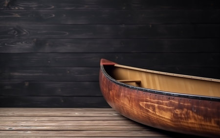 Wooden boat on a wooden background. Copy space for text.の素材