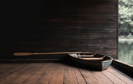 Rowing boat on the wooden floor near the lake. 3d renderingの素材