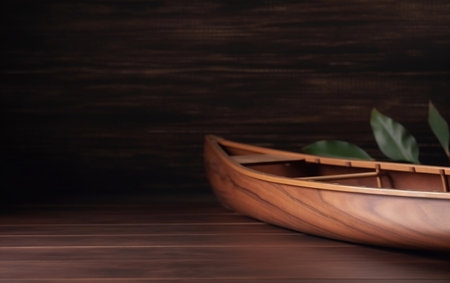 Wooden boat on a wooden background. 3d rendering mock-upの素材