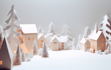 Christmas village with houses and fir trees in the snow. 3D illustration.の素材