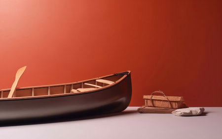 Wooden boat and gift box on a red background. Copy-space.の素材