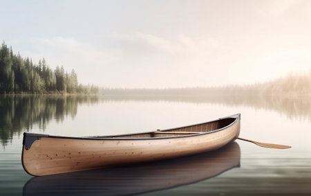 Wooden canoe on the lake in the morning. Concept imageの素材