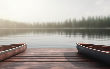 Wooden boat on a lake in the morning. 3d renderingの素材