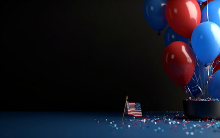 American flag and balloons on black background. Copy-space. 3D Renderingの素材