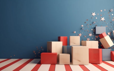 3d rendering of a red and blue background with wooden cubes and starsの素材