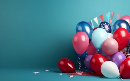 Colorful balloons and confetti on blue background. 3d renderingの素材