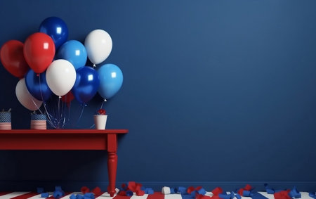 3d rendering of a blue wall with a red shelf and balloonsの素材