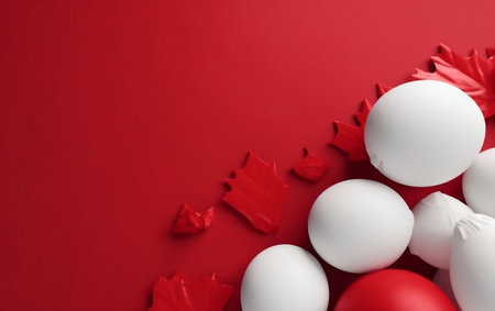 White balloons and leaves on red background, top view. Space for textの素材