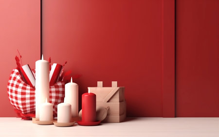 Christmas composition with candles on a red wall background. 3d renderingの素材
