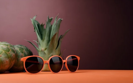 Fashionable sunglasses with pineapple on orange background. Summer concept.の素材