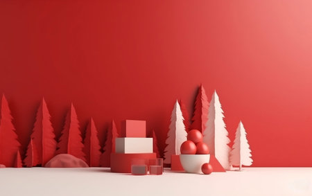 3d render of christmas minimal scene with red background, podium and christmas treeの素材