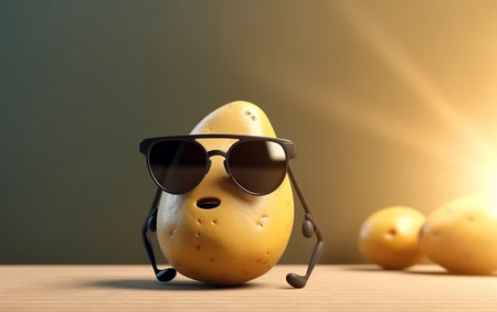 Funny potato with sunglasses on the table. 3d illustration.の素材