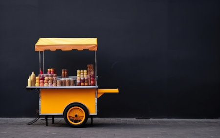Street food cart on a black background. Street food concept. Copy-space.の素材