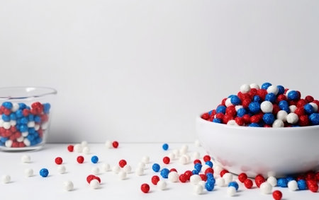 Colorful candies in a white bowl on a white background.の素材