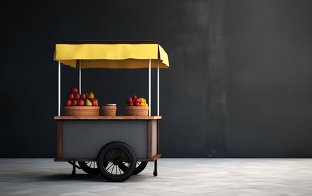 Food cart with fruits in front of black wall. 3d renderingの素材