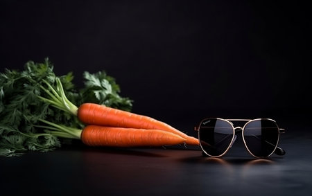Carrot with sunglasses on black background. Healthy food and diet concept.の素材