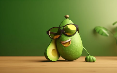 Avocado with sunglasses on wooden table and green background. 3d illustrationの素材