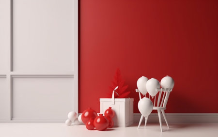 Red wall and white chairs with heart shaped balloons. 3d renderingの素材