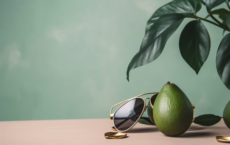 Avocado and sunglasses on wooden table and green background. Minimal summer concept.の素材