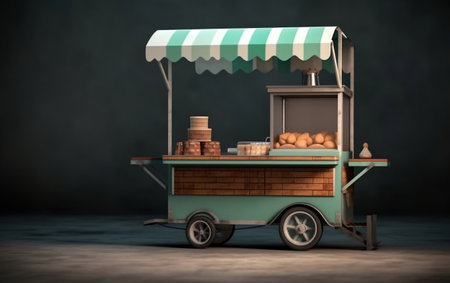 3D rendering of a street food cart with bread and donutsの素材
