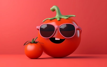 Tomato character with sunglasses isolated on red background. 3d illustrationの素材