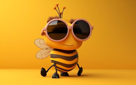 Cute cartoon bee with sunglasses on orange background. 3d illustrationの素材