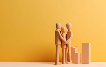 Wooden figures of a family and a graph on a yellow backgroundの素材