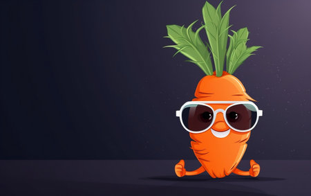 Carrot cartoon character with sunglasses on dark background. Vector illustration.の素材