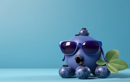 Blueberry with sunglasses on blue background. 3D Rendering.の素材