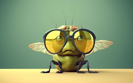 Funny cartoon fly with big glasses. 3D rendered illustration.の素材