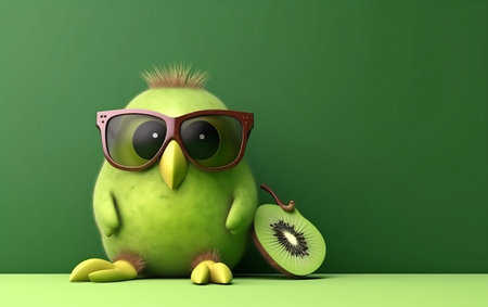 Cute green bird with sunglasses and kiwi fruit - 3D Renderingの素材