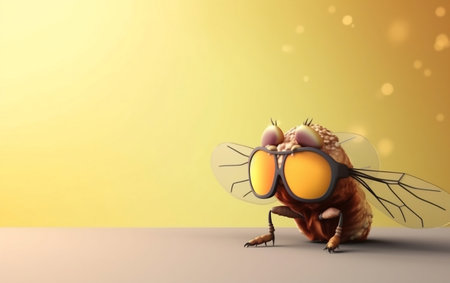 Funny cartoon fly with sunglasses on a yellow background. 3d renderingの素材
