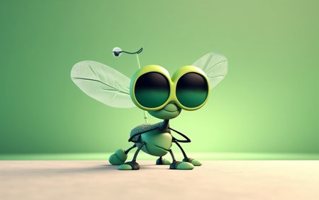 Funny green cartoon fly with green eyes. 3d illustration.の素材