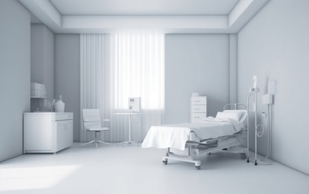 3d rendering of empty hospital room with bed and bedside tableの素材