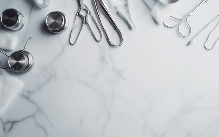 Dental tools and instruments on white marble background. Top view with copy spaceの素材