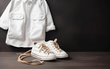 Pair of white sneakers and a white shirt on a dark backgroundの素材